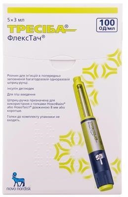 ТРЕСІБА® ФЛЕКСТАЧ® розчин для ін'єкцій, 100 ОД/мл, по 3 мл у картриджі, який міститься у багатодозовій одноразовій шприц-ручці, по 1 шприц-ручці
